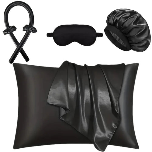 Black Heatless Curl Ritual Set: curling rod, two scrunchies, bonnet, eye mask and pillowcase