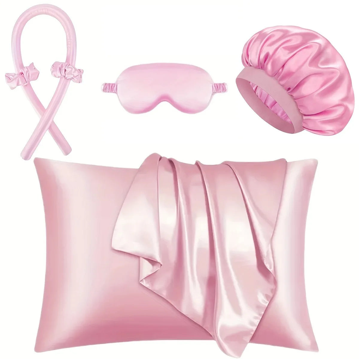 Pink Heatless Curl Ritual Set: curling rod, two scrunchies, bonnet, eye mask and pillowcase