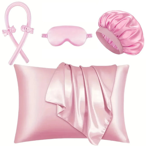 Pink Heatless Curl Ritual Set: curling rod, two scrunchies, bonnet, eye mask and pillowcase